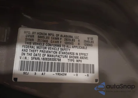 2003 Honda Odyssey Ex-L from USA, damaged, VIN 5FNRL18083B005798